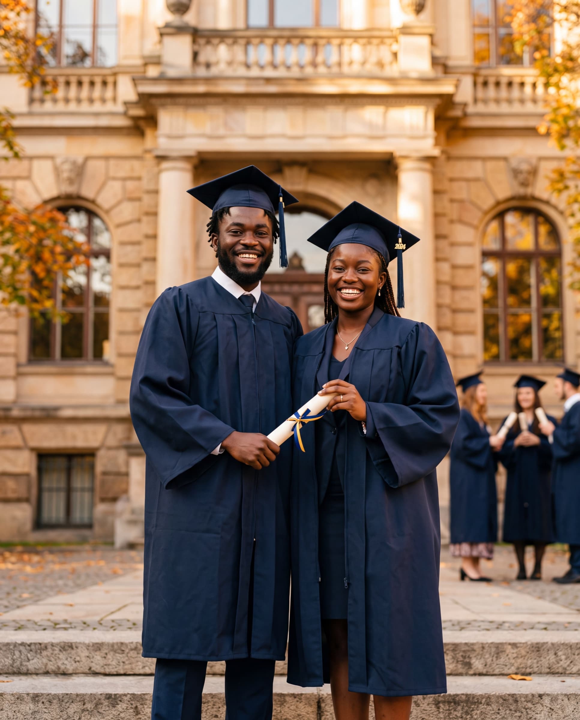Graduates celebrating with diploma